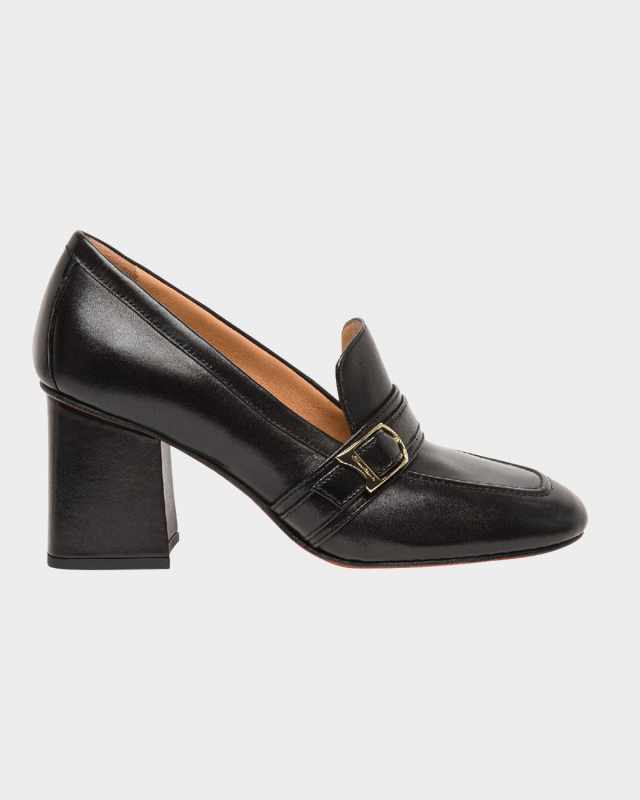 Claudette Leather Buckle Heeled Loafers